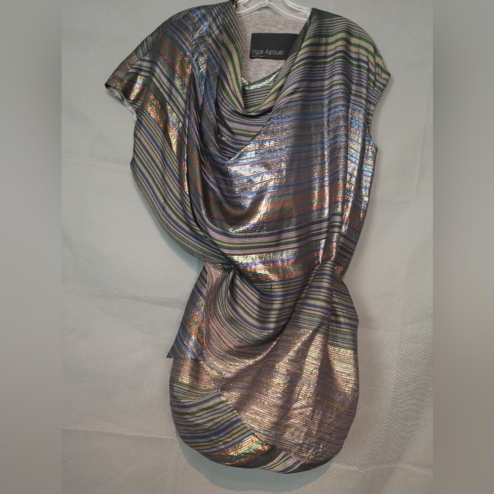 Vintage Yigal Azrouel Striped Metallic Asymmetric Cocktail Dress
